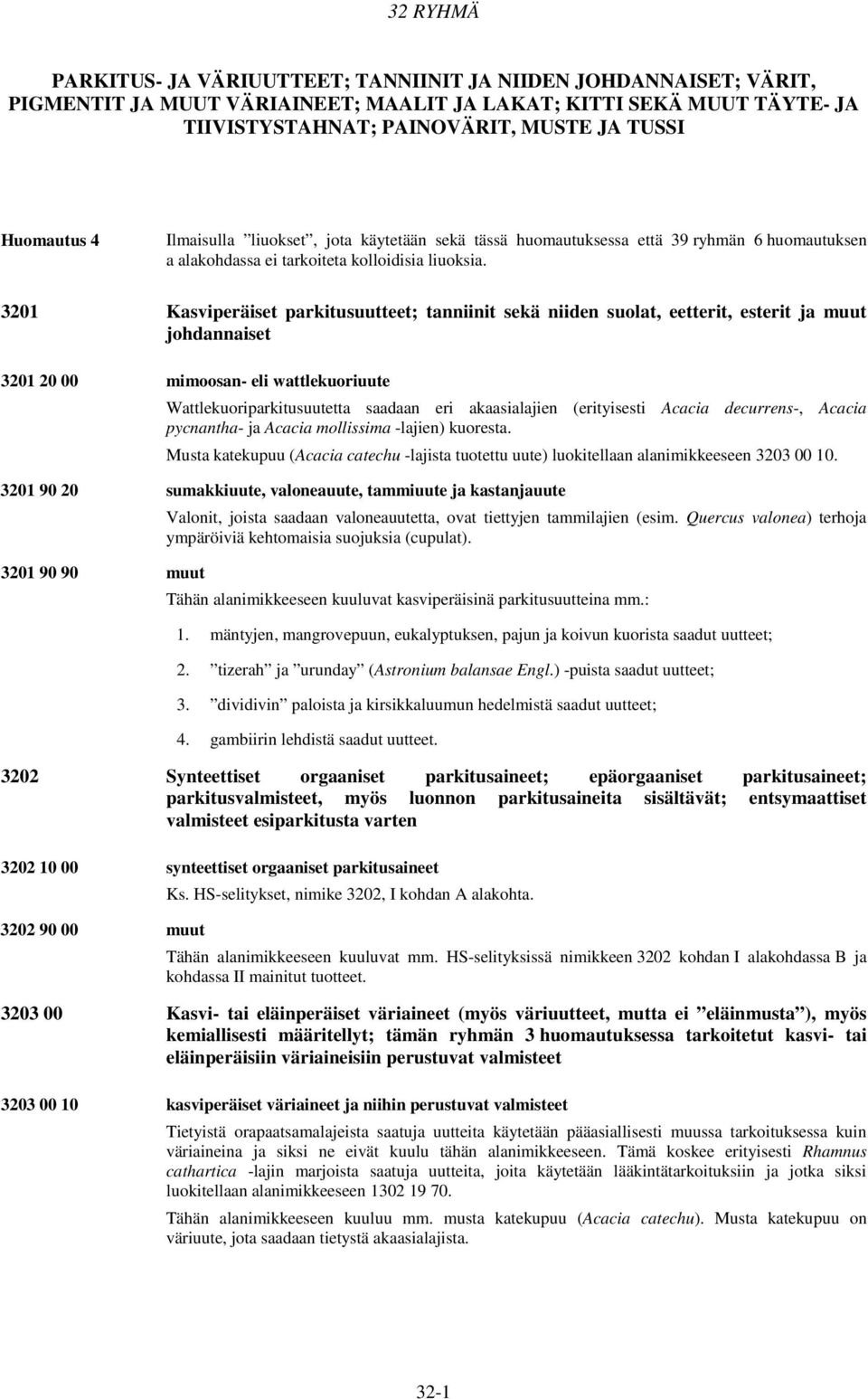 3201 Kasviperäiset parkitusuutteet; tanniinit sekä niiden suolat, eetterit, esterit ja muut johdannaiset 3201 20 00 mimoosan- eli wattlekuoriuute Wattlekuoriparkitusuutetta saadaan eri akaasialajien