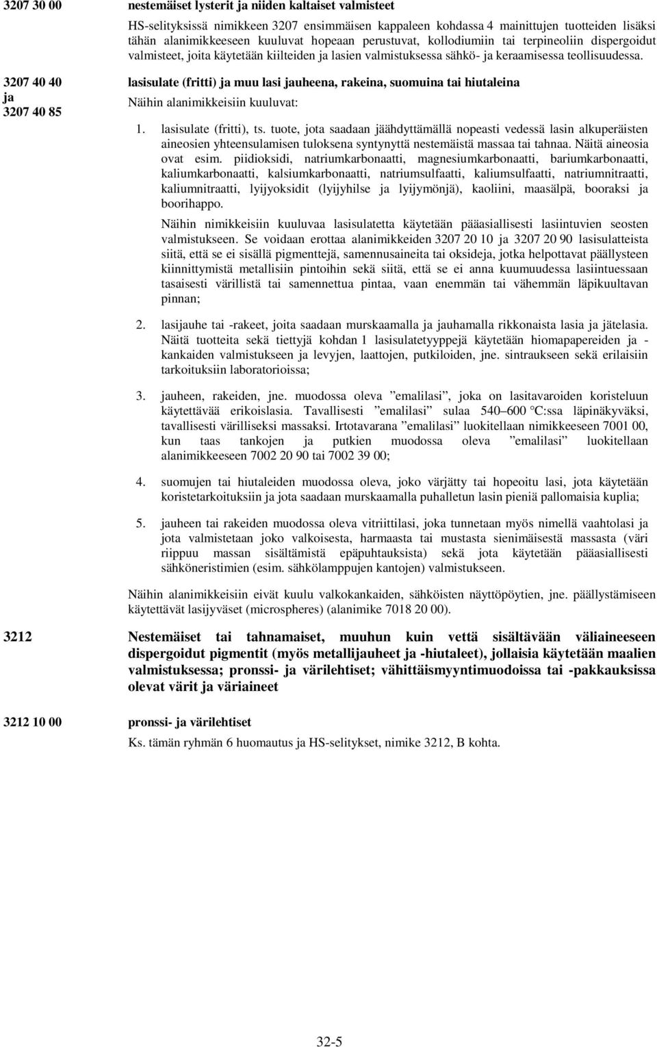3207 40 40 ja 3207 40 85 lasisulate (fritti) ja muu lasi jauheena, rakeina, suomuina tai hiutaleina Näihin alanimikkeisiin kuuluvat: 1. lasisulate (fritti), ts.