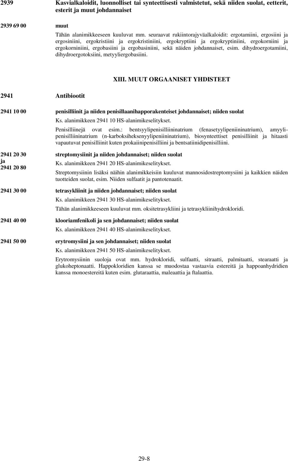 ergobasiniini, sekä näiden johdannaiset, esim. dihydroergotamiini, dihydroergotoksiini, metyyliergobasiini. 2941 Antibiootit XIII.