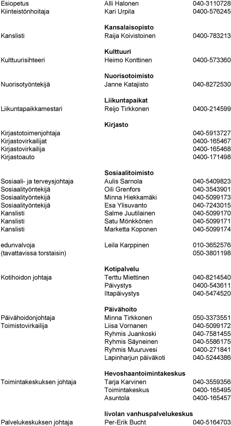 0400-165467 Kirjastovirkailija 0400-165468 Kirjastoauto 0400-171498 Sosiaalitoimisto Sosiaali- ja terveysjohtaja Aulis Sarnola 040-5409823 Sosiaalityöntekijä Oili Grenfors 040-3543901