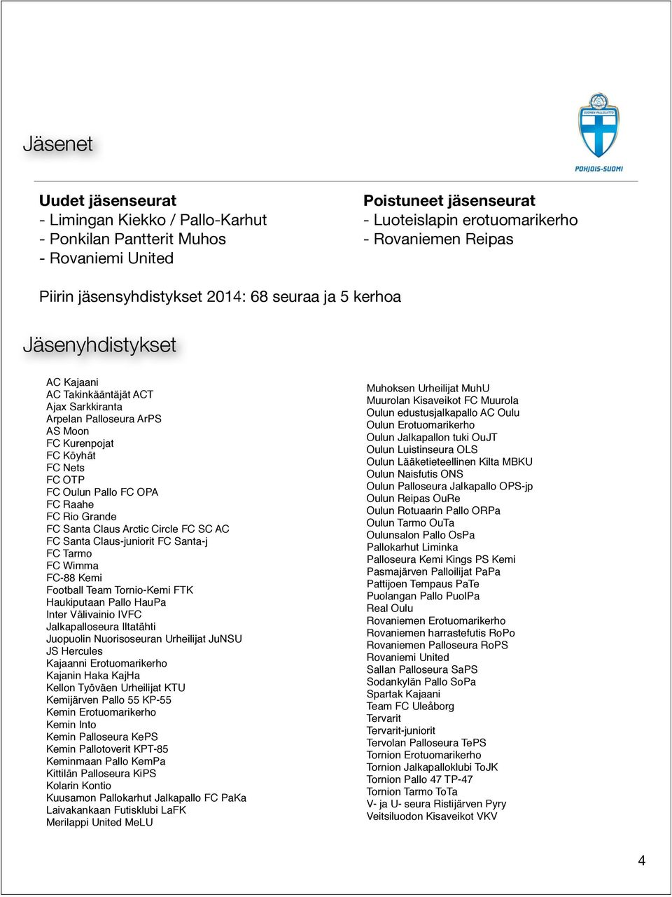 FC OPA FC Raahe FC Rio Grande FC Santa Claus Arctic Circle FC SC AC FC Santa Claus-juniorit FC Santa-j FC Tarmo FC Wimma FC-88 Kemi Football Team Tornio-Kemi FTK Haukiputaan Pallo HauPa Inter