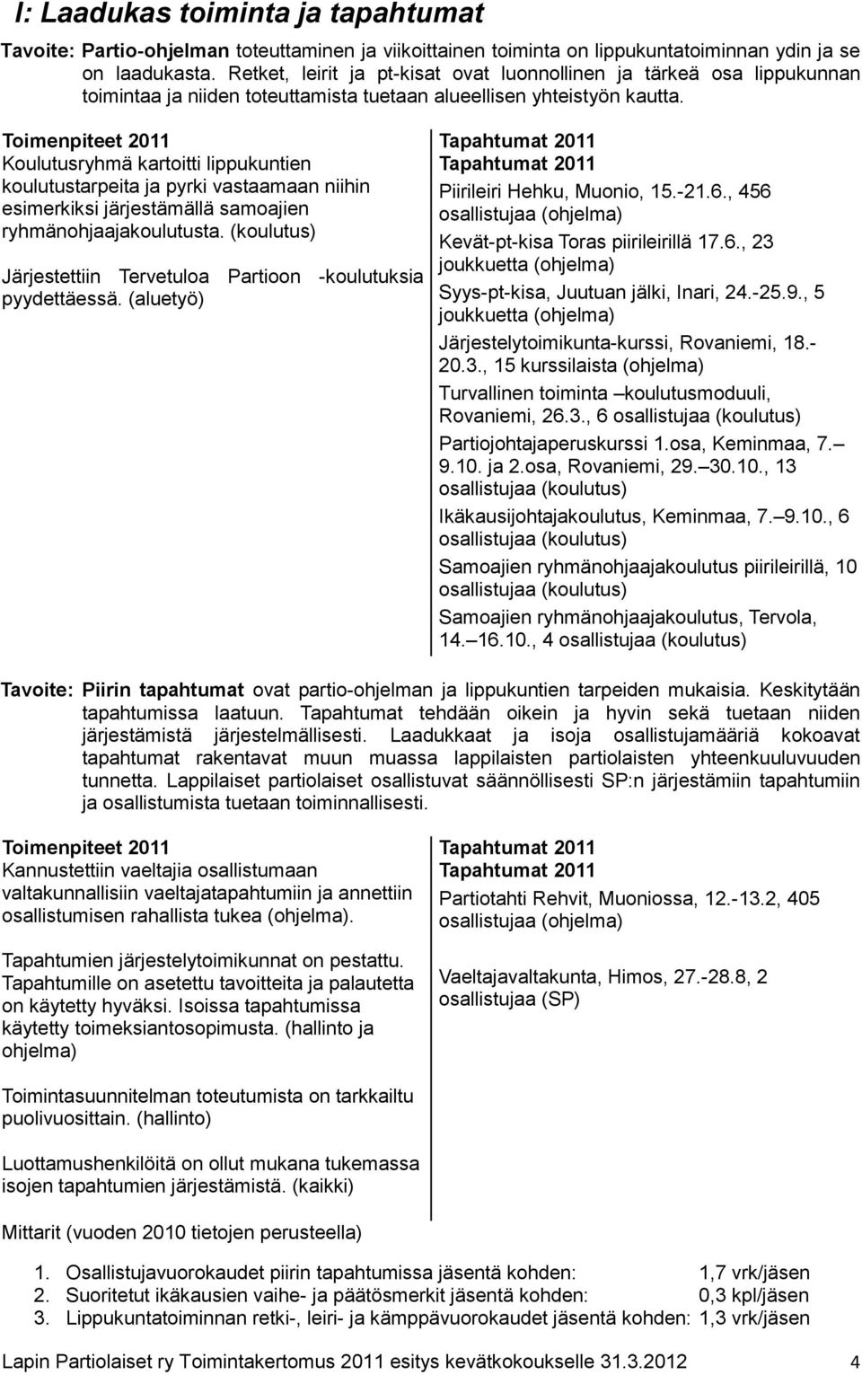 Toimenpiteet 2011 Koulutusryhmä kartoitti lippukuntien koulutustarpeita ja pyrki vastaamaan niihin esimerkiksi järjestämällä samoajien ryhmänohjaajakoulutusta.