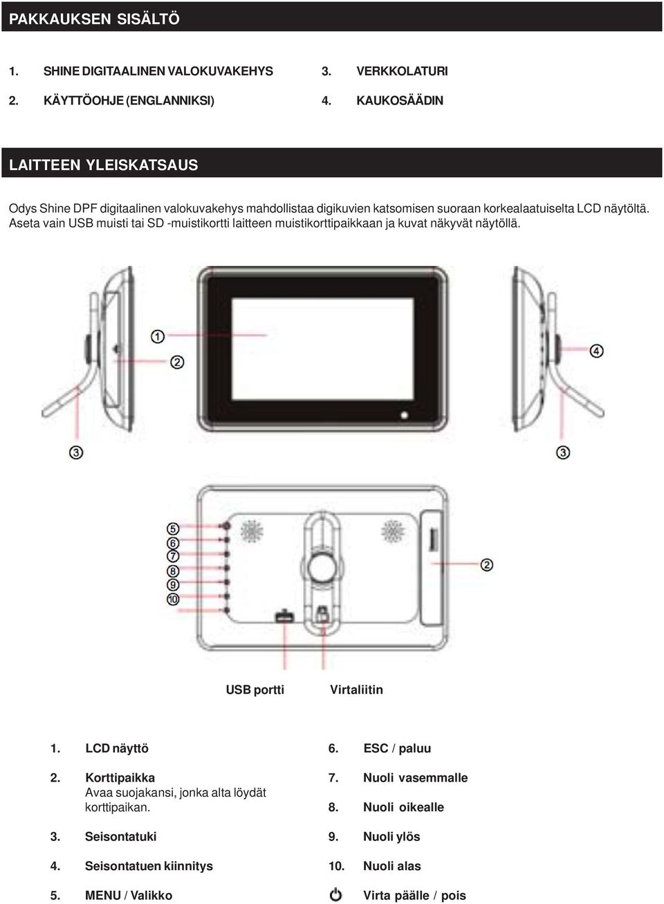 Aseta vain USB muisti tai SD -muistikortti laitteen muistikorttipaikkaan ja kuvat näkyvät näytöllä. USB portti Virtaliitin 1. LCD näyttö 6. ESC / paluu 2.