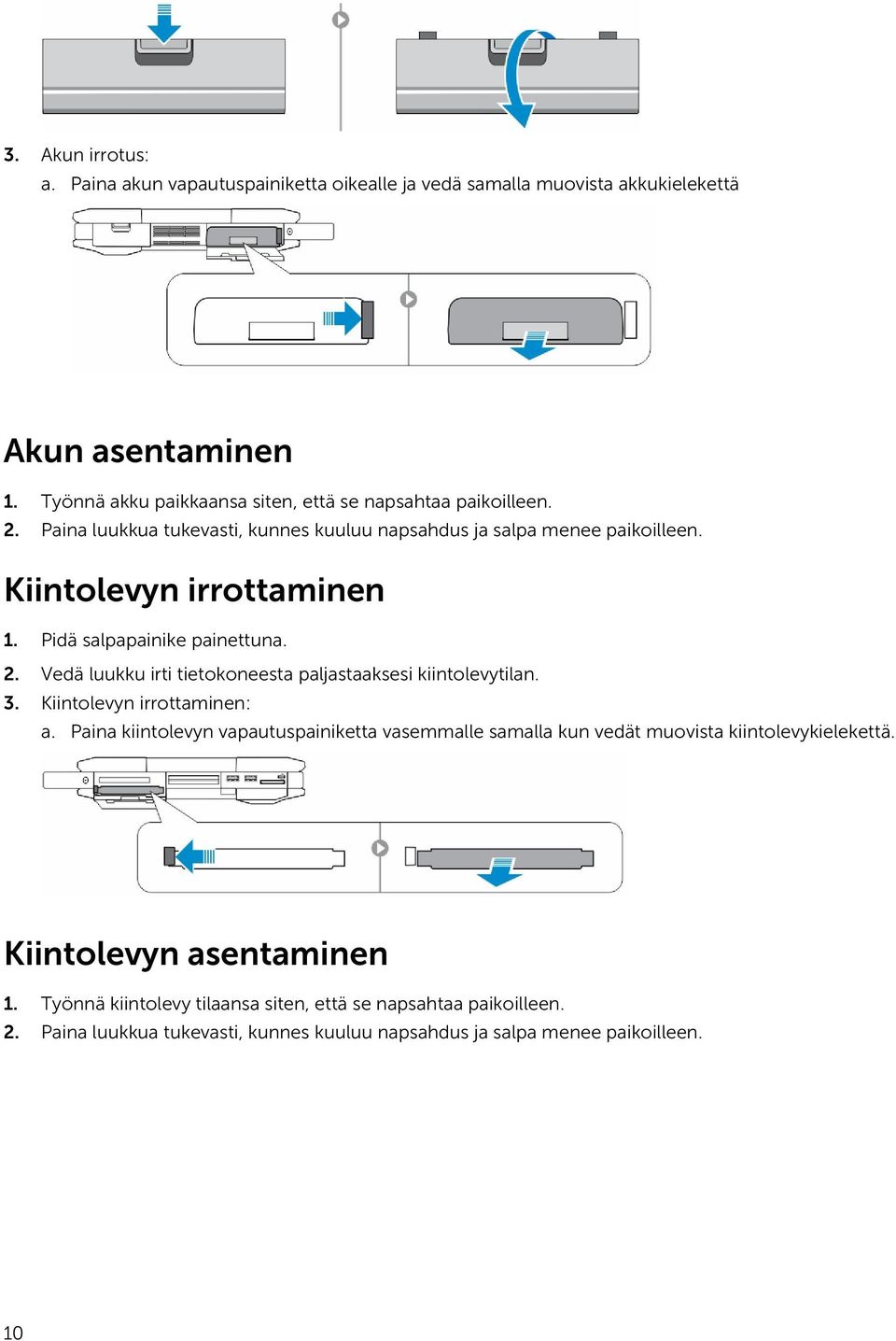 Pidä salpapainike painettuna. 2. Vedä luukku irti tietokoneesta paljastaaksesi kiintolevytilan. 3. Kiintolevyn irrottaminen: a.