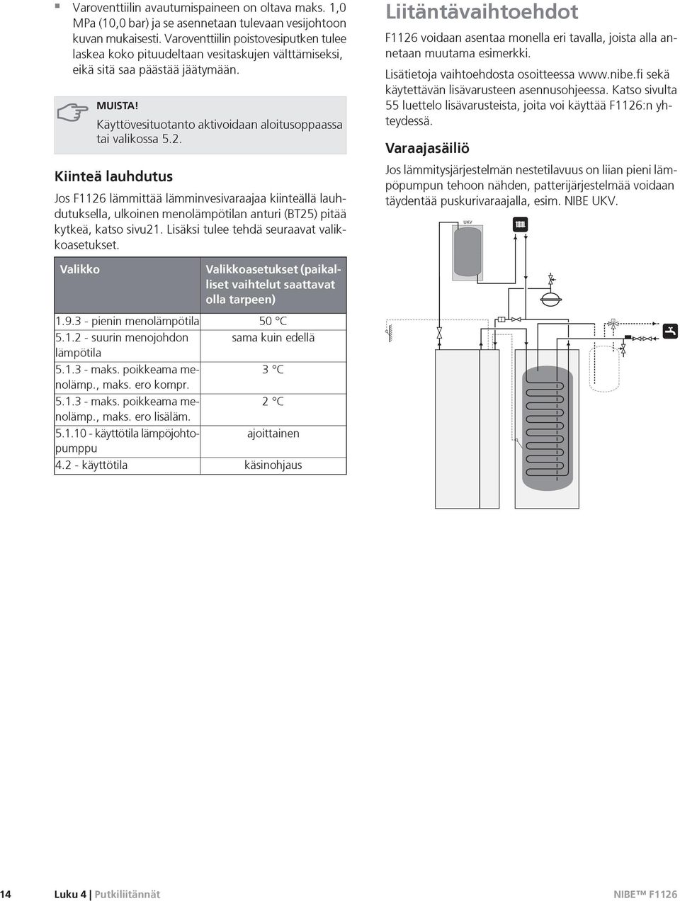 Kiinteä lauhdutus Jos F1126 lämmittää lämminvesivaraajaa kiinteällä lauhdutuksella, ulkoinen menolämpötilan anturi (BT25) pitää kytkeä, katso sivu21. Lisäksi tulee tehdä seuraavat valikkoasetukset.