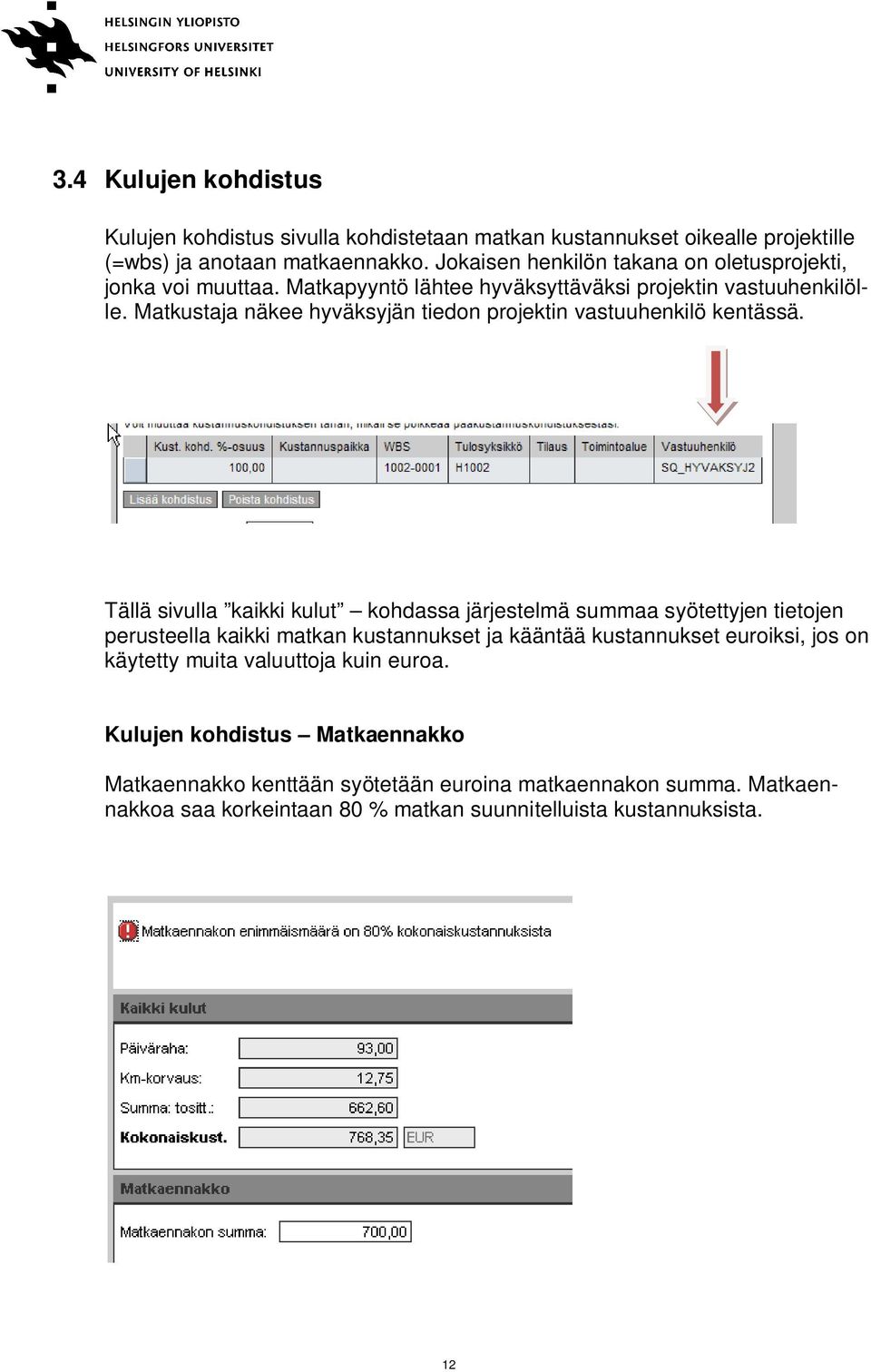 Matkustaja näkee hyväksyjän tiedon projektin vastuuhenkilö kentässä.