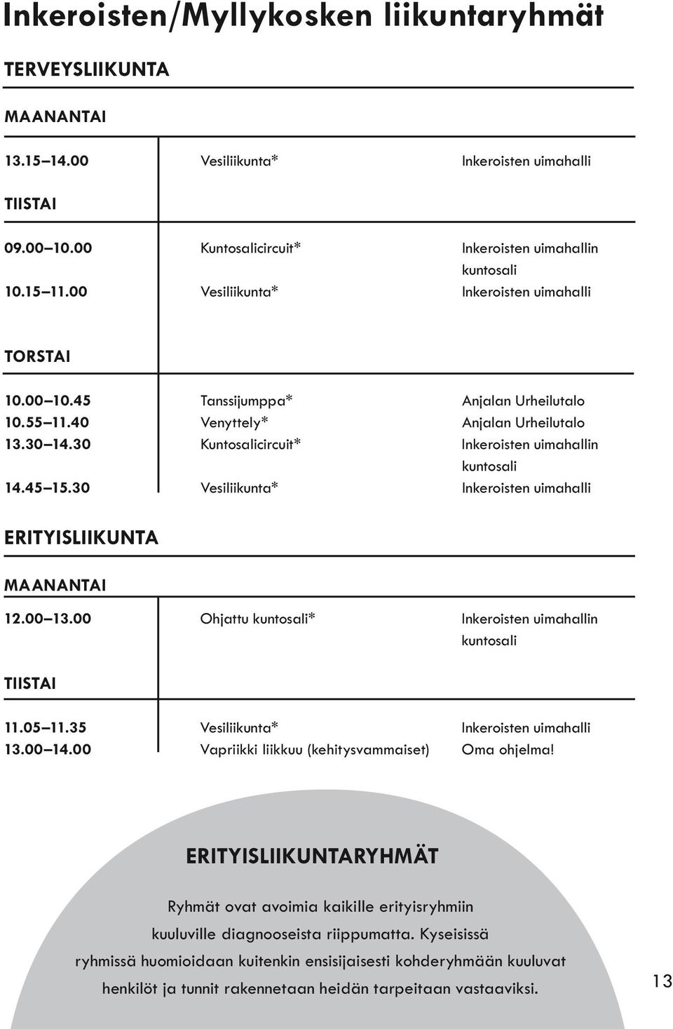 30 Kuntosalicircuit* Inkeroisten uimahallin kuntosali 14.45 15.30 Vesiliikunta* Inkeroisten uimahalli ERITYISLIIKUNTA MAANANTAI 12.00 13.