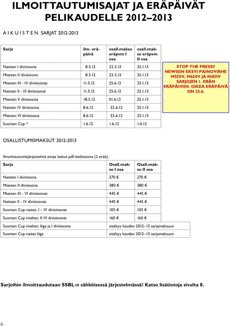 6.12 22.6.12 25.1.13 Miesten VI divisioona 8.6.12 22.6.12 25.1.13 Suomen Cup * 1.6.12 1.6.12 1.6.12 OSALLISTUMISMAKSUT 2012-2013 Ilmoittautumisjärjestelmä antaa laskut pdf-tiedostona (2 erää).