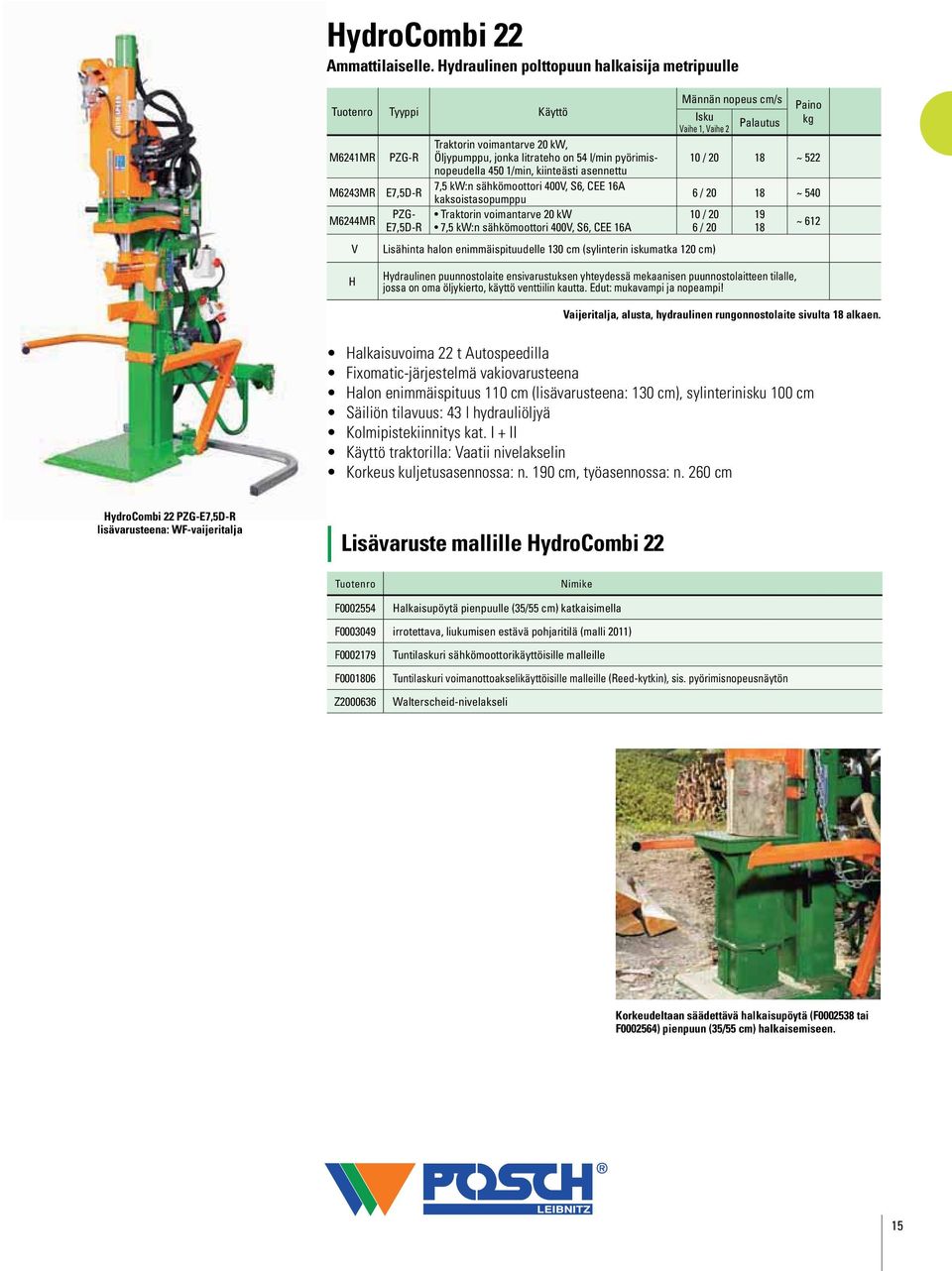 pyörimisnopeudella 450 1/min, kiinteästi asennettu 7,5 kw:n sähkömoottori 400V, S6, CEE 16A kaksoistasopumppu Männän nopeus cm/s Isku Palautus Vaihe 1, Vaihe 2 Paino kg 10 / 20 18 ~ 522 6 / 20 18 ~