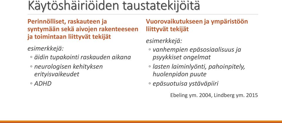 Vuorovaikutukseen ja ympäristöön liittyvät tekijät esimerkkejä: vanhempien epäsosiaalisuus ja psyykkiset
