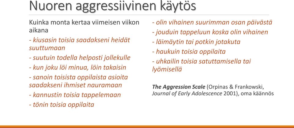 tönin toisia oppilaita - olin vihainen suurimman osan päivästä - jouduin tappeluun koska olin vihainen - läimäytin tai potkin jotakuta - haukuin