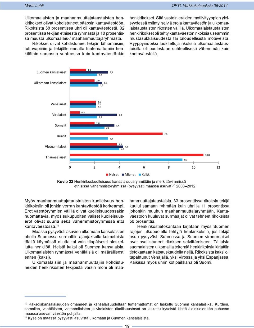 Rikokset olivat kohdistuneet tekijän lähiomaisiin, tuttavapiiriin ja tekijälle ennalta tuntemattomiin henkilöihin samassa suhteessa kuin kantaväestönkin henkirikokset.