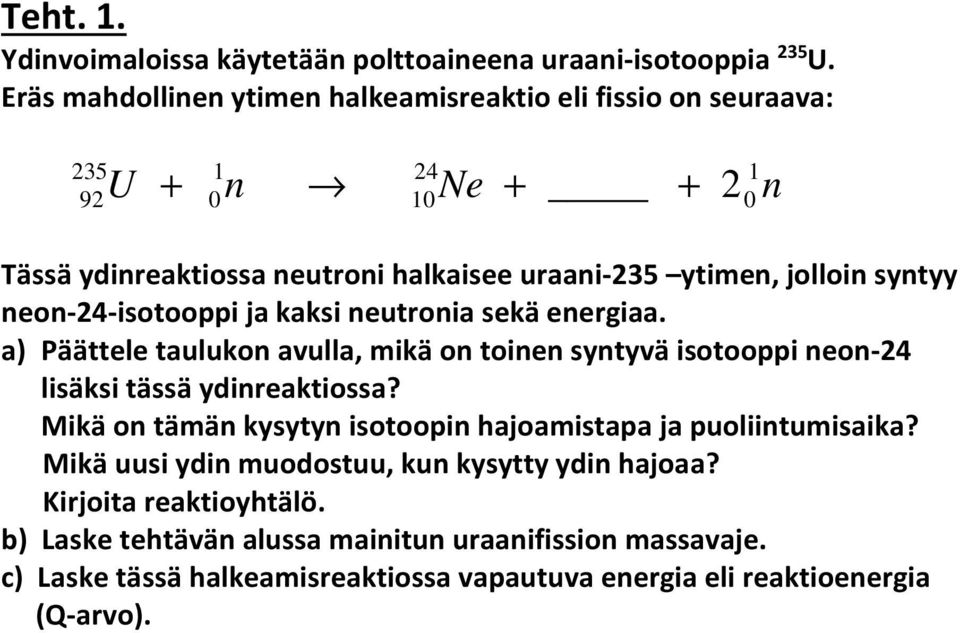 neon-4-isoooppi ja kaksi neuronia sekä energiaa. a) ääele aulukon avulla, mikä on oinen synyvä isoooppi neon-4 lisäksi ässä ydinreakiossa?