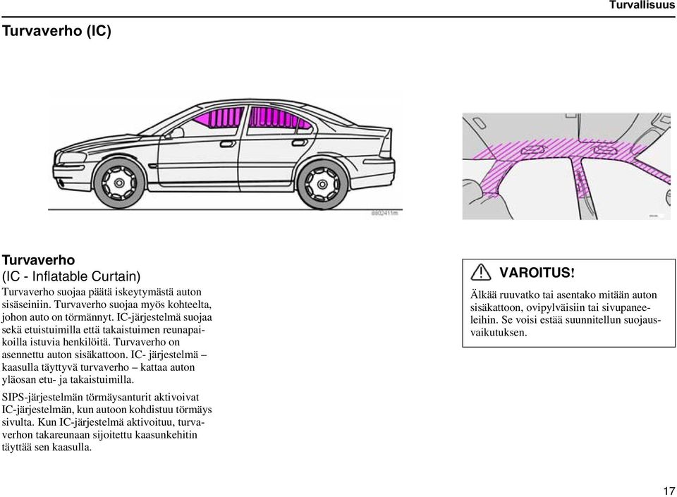 IC- järjestelmä kaasulla täyttyvä turvaverho kattaa auton yläosan etu- ja takaistuimilla. SIPS-järjestelmän törmäysanturit aktivoivat IC-järjestelmän, kun autoon kohdistuu törmäys sivulta.