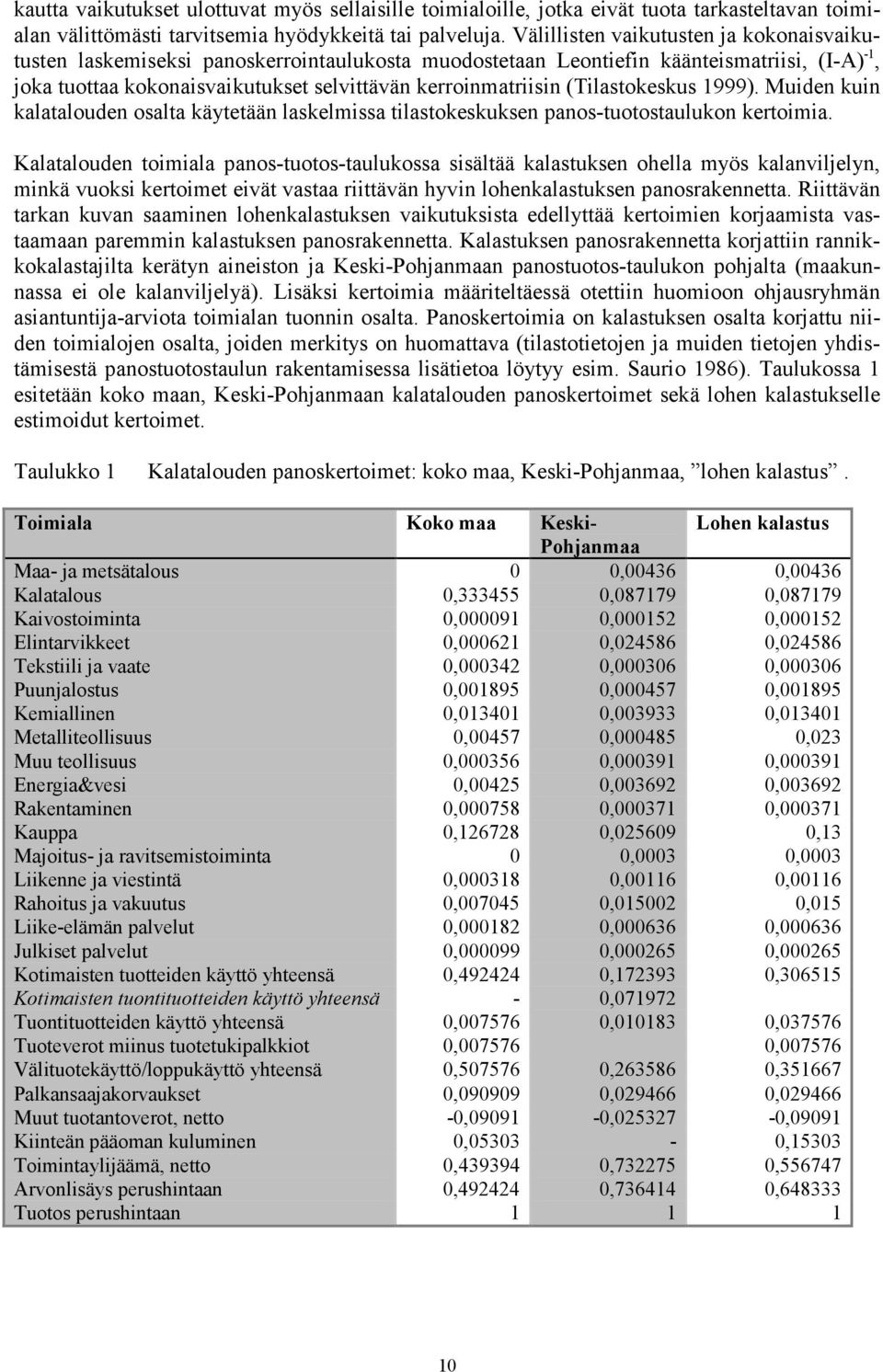 (Tilastokeskus 1999). Muiden kuin kalatalouden osalta käytetään laskelmissa tilastokeskuksen panos-tuotostaulukon kertoimia.