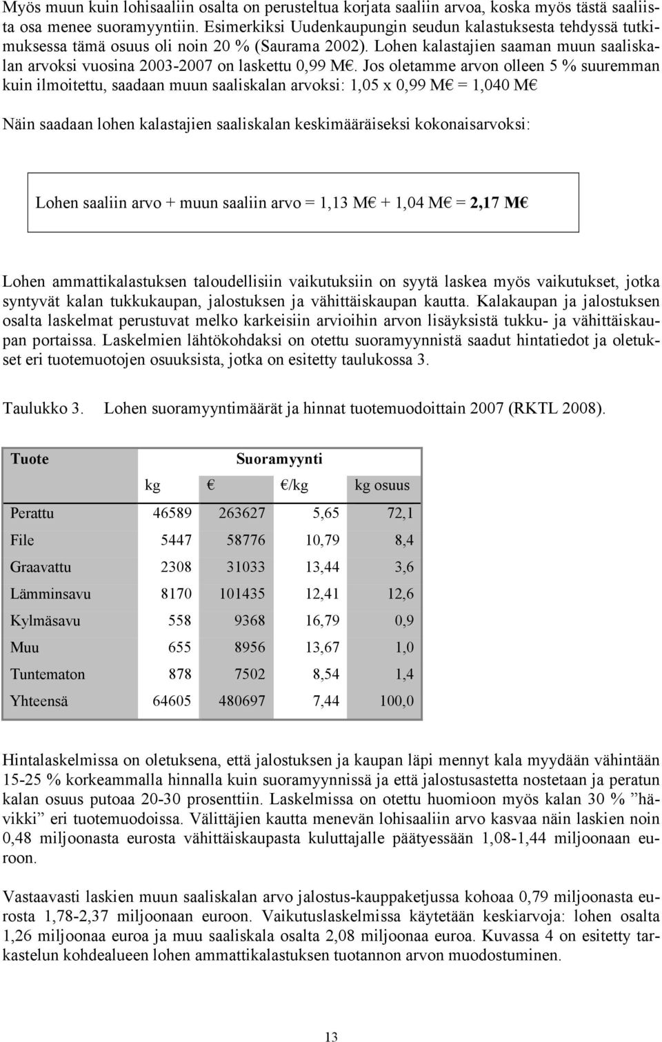 Jos oletamme arvon olleen 5 % suuremman kuin ilmoitettu, saadaan muun saaliskalan arvoksi: 1,05 x 0,99 M = 1,040 M Näin saadaan lohen kalastajien saaliskalan keskimääräiseksi kokonaisarvoksi: Lohen