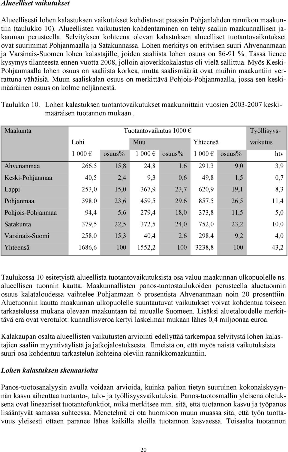 Selvityksen kohteena olevan kalastuksen alueelliset tuotantovaikutukset ovat suurimmat Pohjanmaalla ja Satakunnassa.