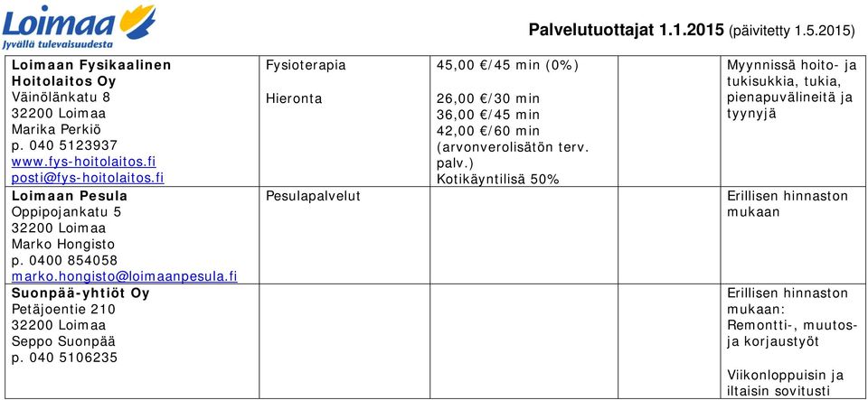 040 5106235 Fysioterapia Hieronta 45,00 /45 min (0%) 26,00 /30 min 36,00 /45 min 42,00 /60 min (arvonverolisätön terv. palv.