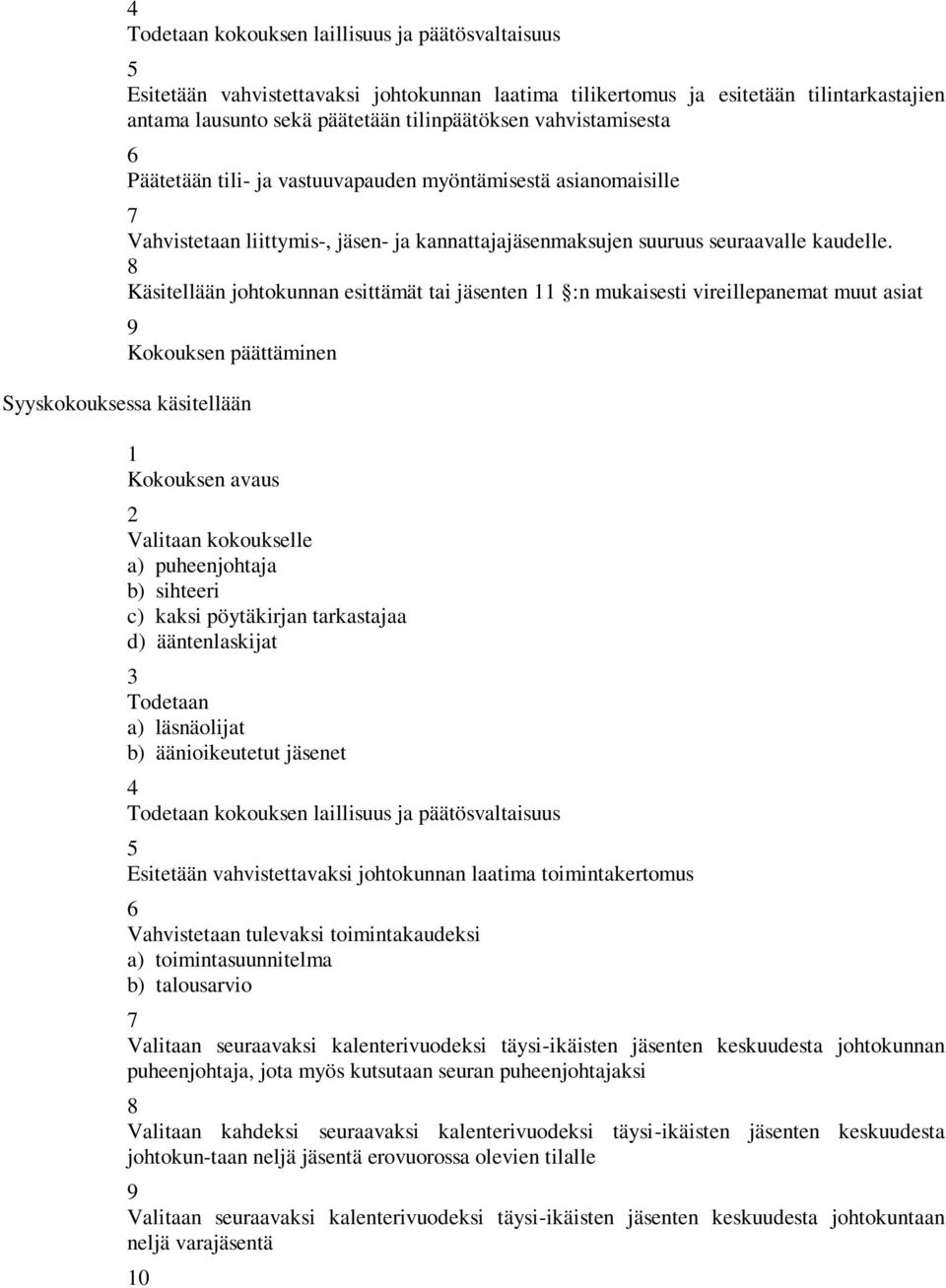 8 Käsitellään johtokunnan esittämät tai jäsenten 11 :n mukaisesti vireillepanemat muut asiat 9 Kokouksen päättäminen Syyskokouksessa käsitellään 1 Kokouksen avaus 2 Valitaan kokoukselle a)