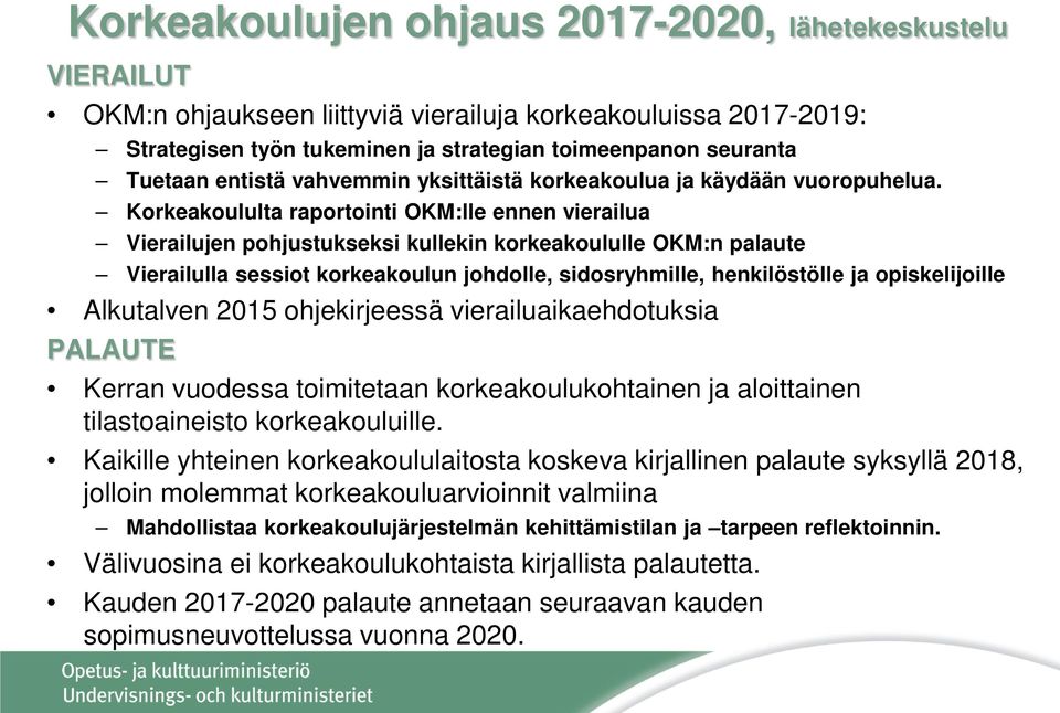 Korkeakoululta raportointi OKM:lle ennen vierailua Vierailujen pohjustukseksi kullekin korkeakoululle OKM:n palaute Vierailulla sessiot korkeakoulun johdolle, sidosryhmille, henkilöstölle ja