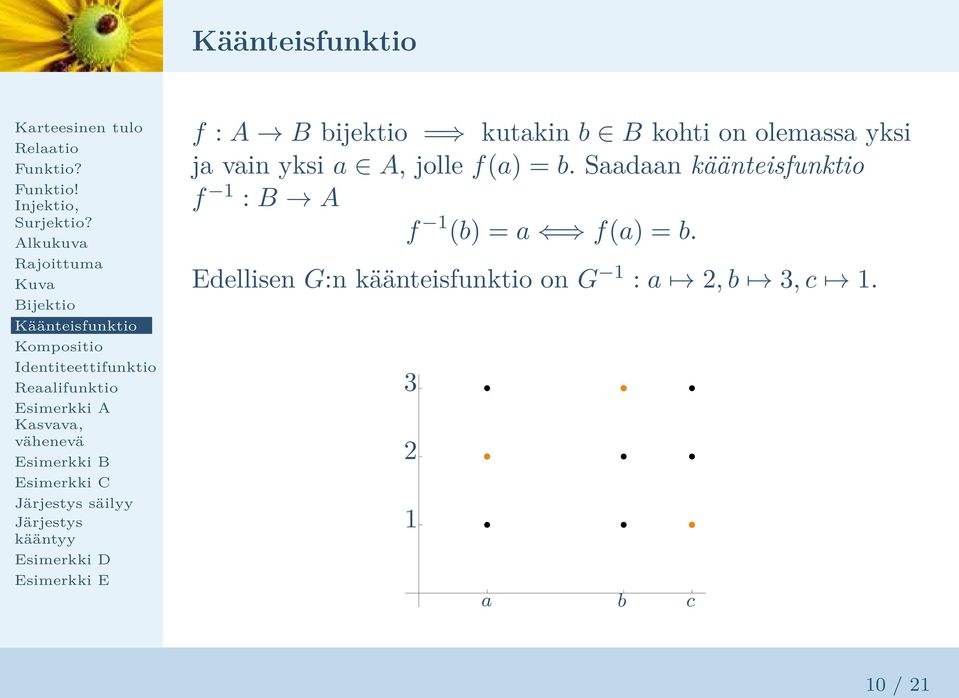 Saadaan käänteisfunktio f 1 : B A f 1 (b) = a f(a) = b.