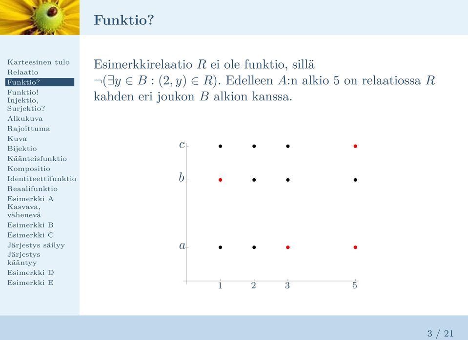 Edelleen A:n alkio 5 on relaatiossa R