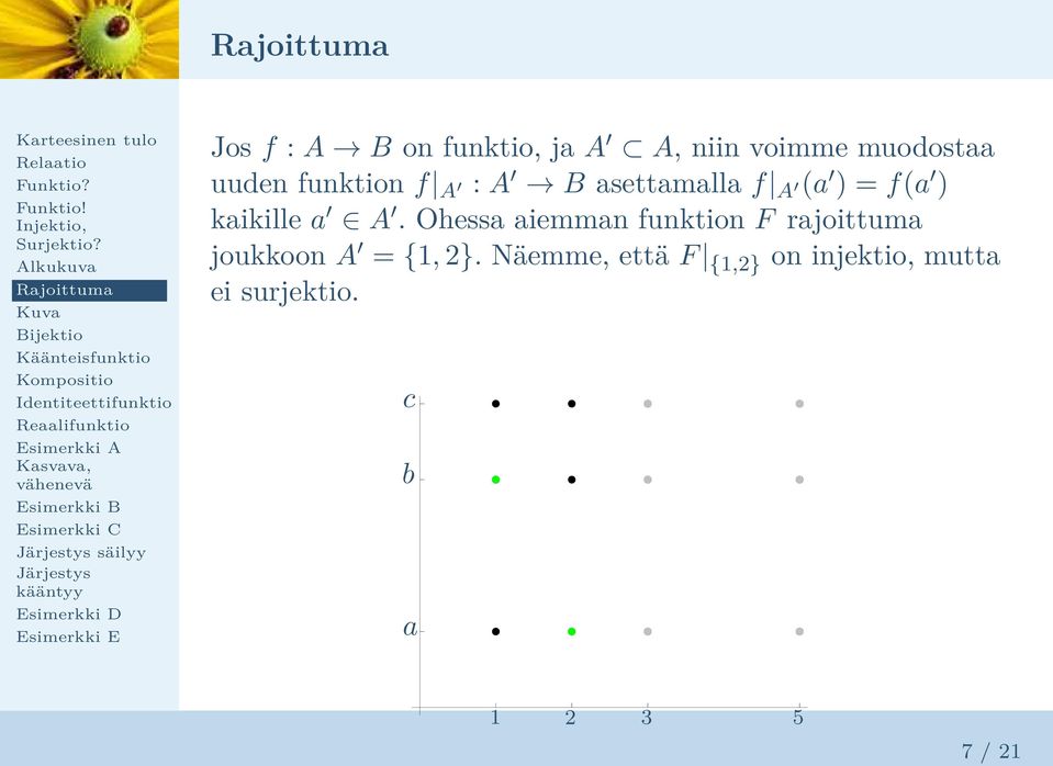 A. Ohessa aiemman funktion F rajoittuma joukkoon A = {1, 2}.