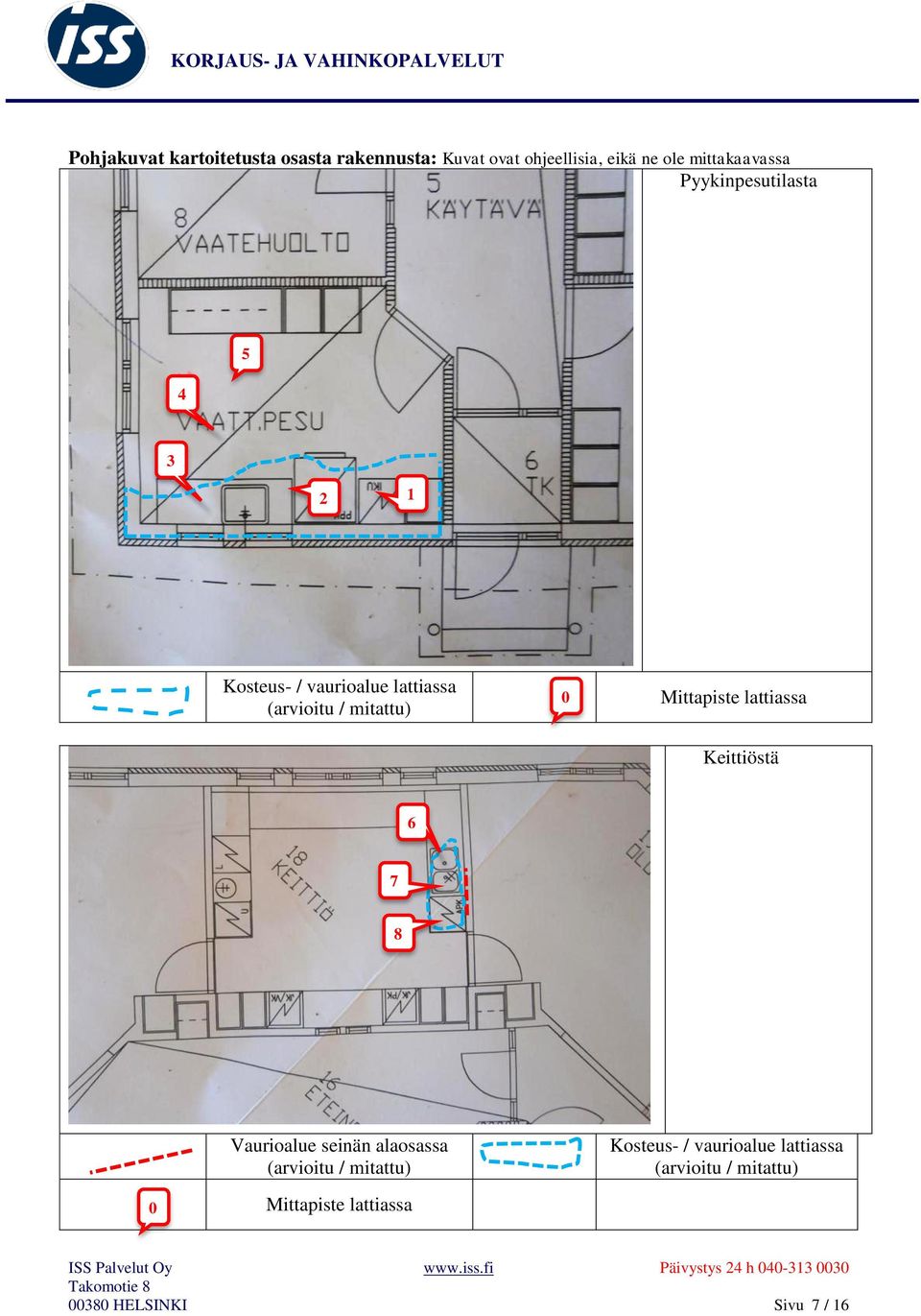 mitattu) 0 Mittapiste lattiassa Keittiöstä 6 7 8 Vaurioalue seinän alaosassa (arvioitu /