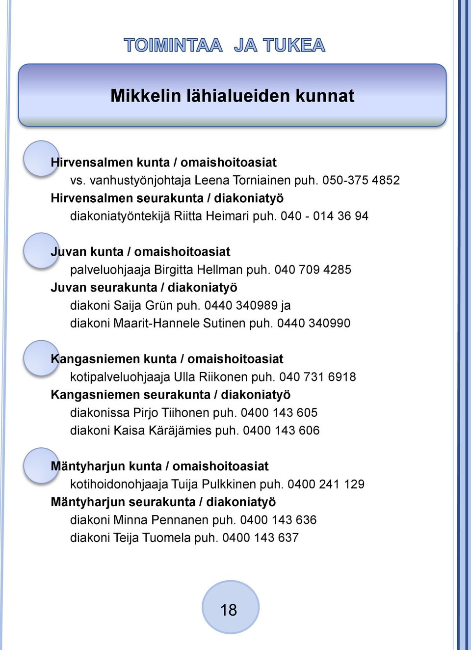 0440 340990 Kangasniemen kunta / omaishoitoasiat kotipalveluohjaaja Ulla Riikonen puh. 040 731 6918 Kangasniemen seurakunta / diakoniatyö diakonissa Pirjo Tiihonen puh.