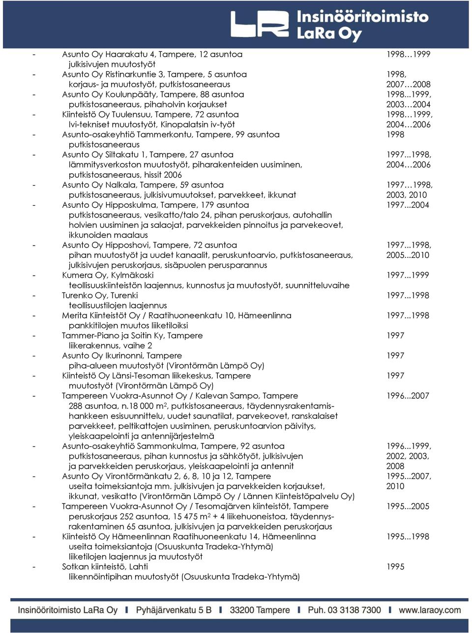 ..1999,, pihaholvin korjaukset 2003 2004 - Kiinteistö Oy Tuulensuu, Tampere, 72 asuntoa 1998 1999, lvi-tekniset muutostyöt, Kinopalatsin iv-työt 2004 2006 - Asunto-osakeyhtiö Tammerkontu, Tampere, 99