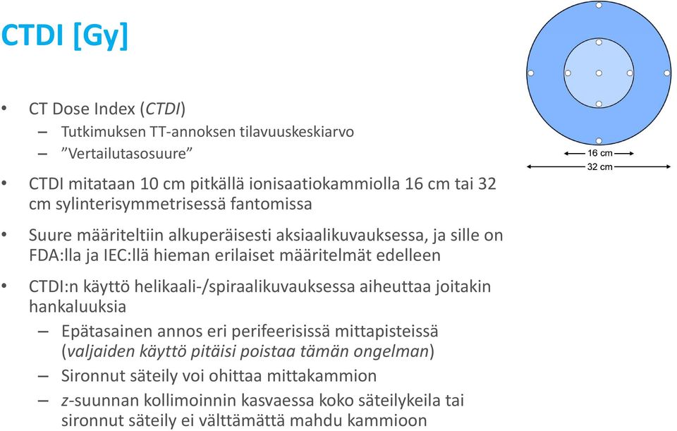 CTDI:n käyttö helikaali /spiraalikuvauksessa aiheuttaa joitakin hankaluuksia Epätasainen annos eri perifeerisissä mittapisteissä (valjaiden käyttö pitäisi