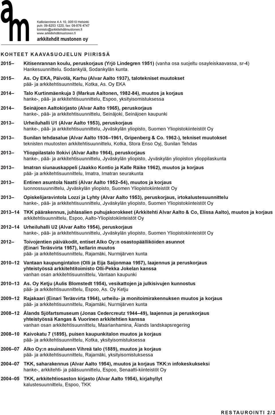 Oy EKA 2014 Talo Kurtinmäenkuja 3 (Markus Aaltonen, 1982-84), muutos ja korjaus hanke-, pää- ja arkkitehtisuunnittelu, Espoo, yksityisomistuksessa 2014 Seinäjoen Aaltokirjasto (Alvar Aalto 1965),