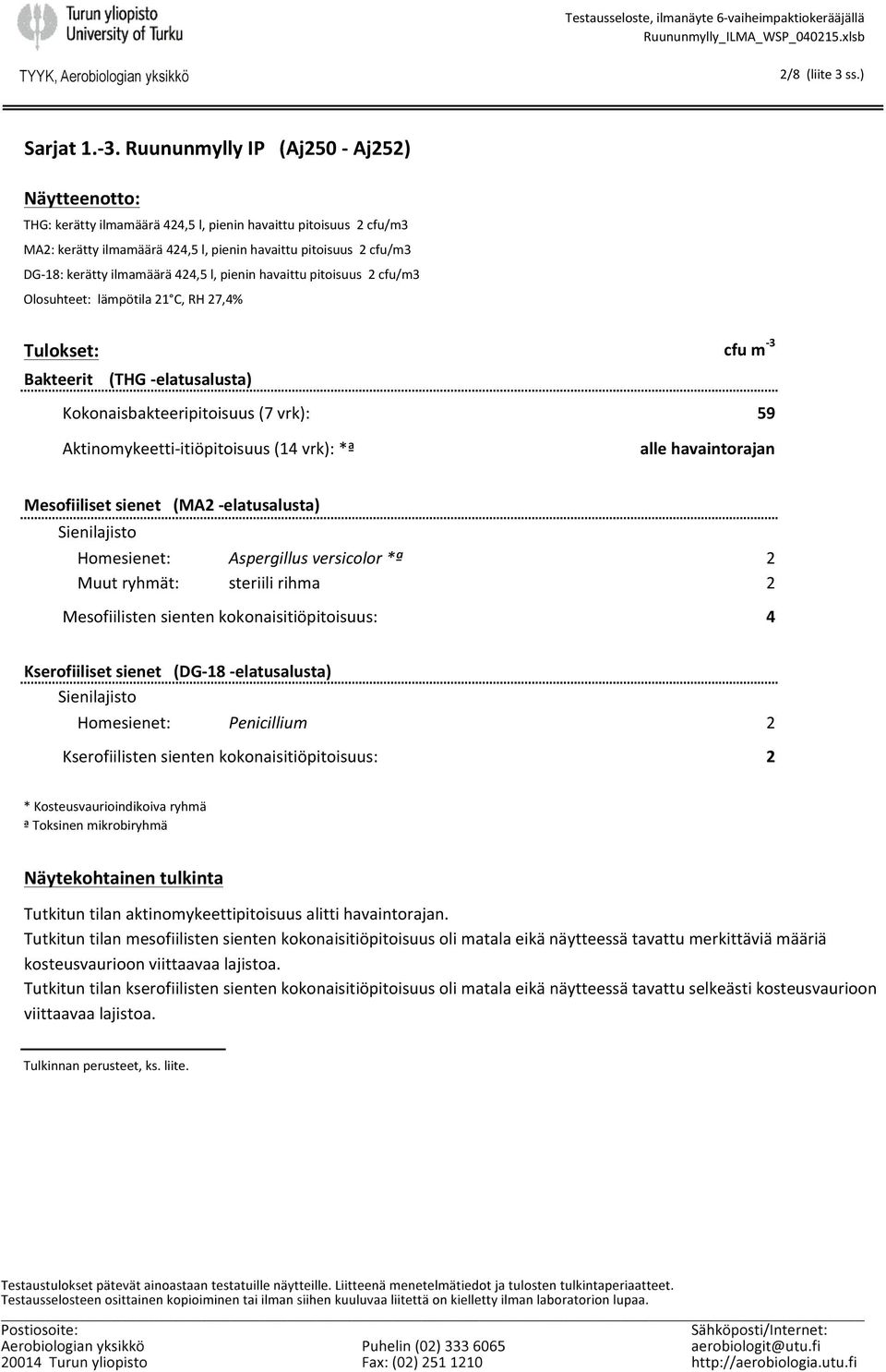 ilmamäärä 424,5 l, pienin havaittu pitoisuus 2 cfu/m3 Olosuhteet: lämpötila 21 C, RH 27,4% Tulokset: Bakteerit (THG - elatusalusta) cfu m - 3 Kokonaisbakteeripitoisuus (7 vrk): 59 Aktinomykeetti-