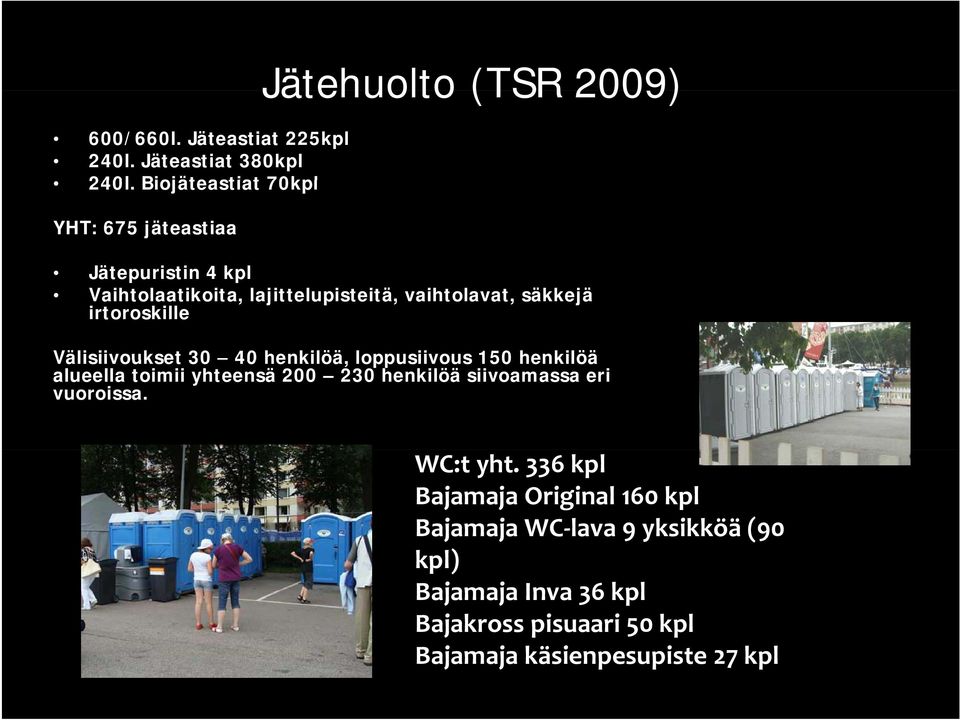 vaihtolavat, säkkejä irtoroskille Välisiivoukset 30 40 henkilöä, loppusiivous 150 henkilöä alueella toimii yhteensä 200 230