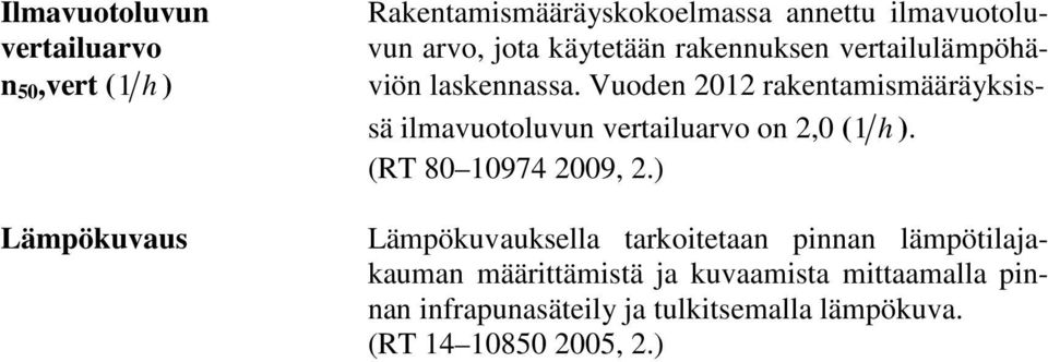 Vuoden 2012 rakentamismääräyksissä ilmavuotoluvun vertailuarvo on 2,0 ( 1 h ). (RT 80 10974 2009, 2.