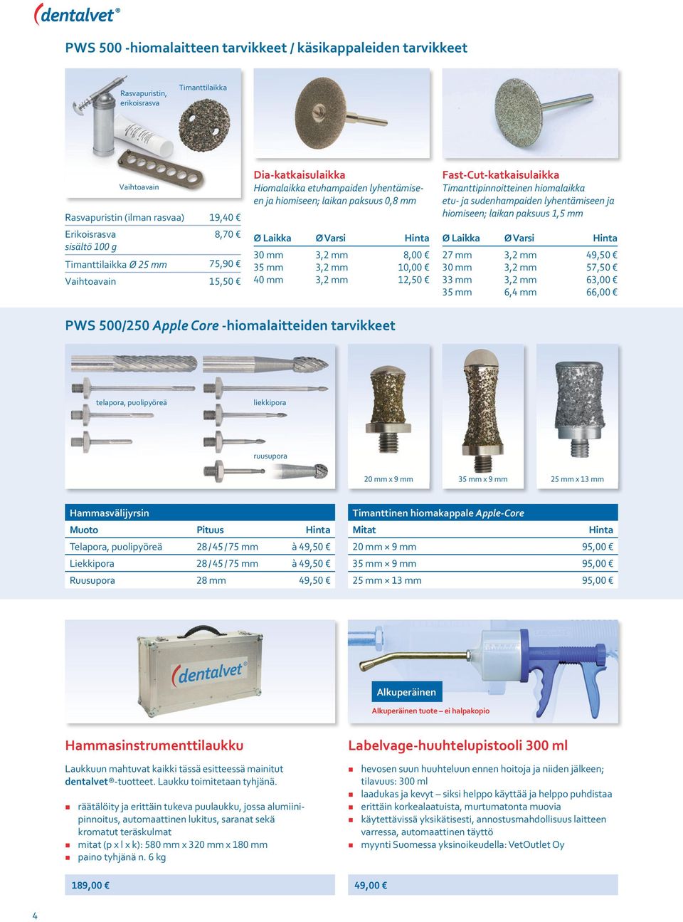 Fast-Cut-katkaisulaikka Timanttipinnoitteinen hiomalaikka etu- ja sudenhampaiden lyhentämiseen ja hiomiseen; laikan paksuus 1,5 mm Ø Laikka Ø Varsi Hinta 27 mm 30 mm 33 mm 35 mm 6,4 mm 49,50 57,50