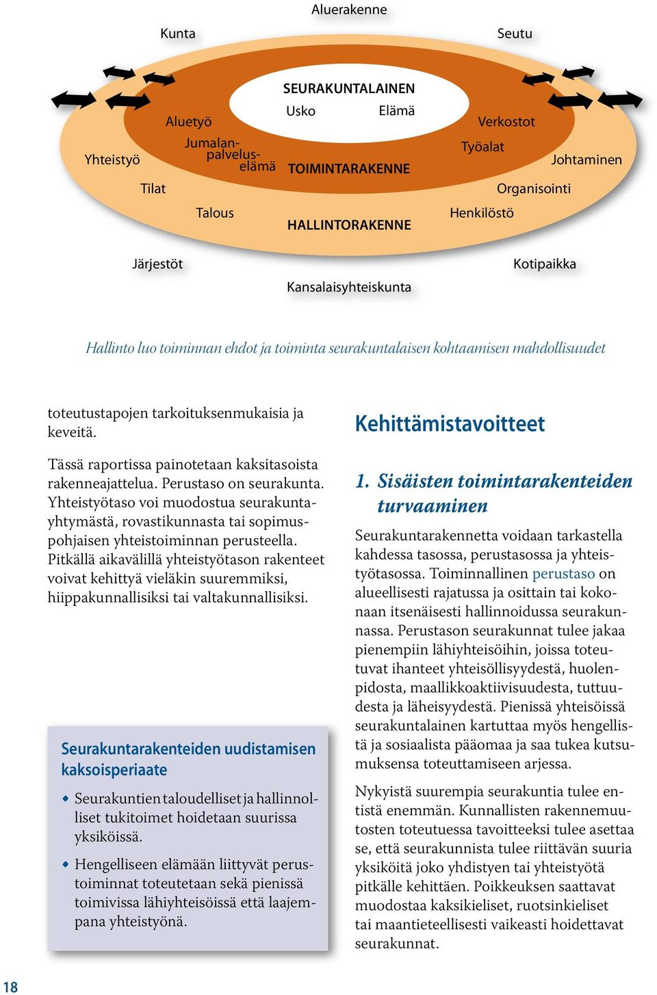 Tässä raportissa painotetaan kaksitasoista rakenneajattelua. Perustaso on seurakunta. Yhteistyötaso voi muodostua seurakuntayhtymästä, rovastikunnasta tai sopimuspohjaisen yhteistoiminnan perusteella.