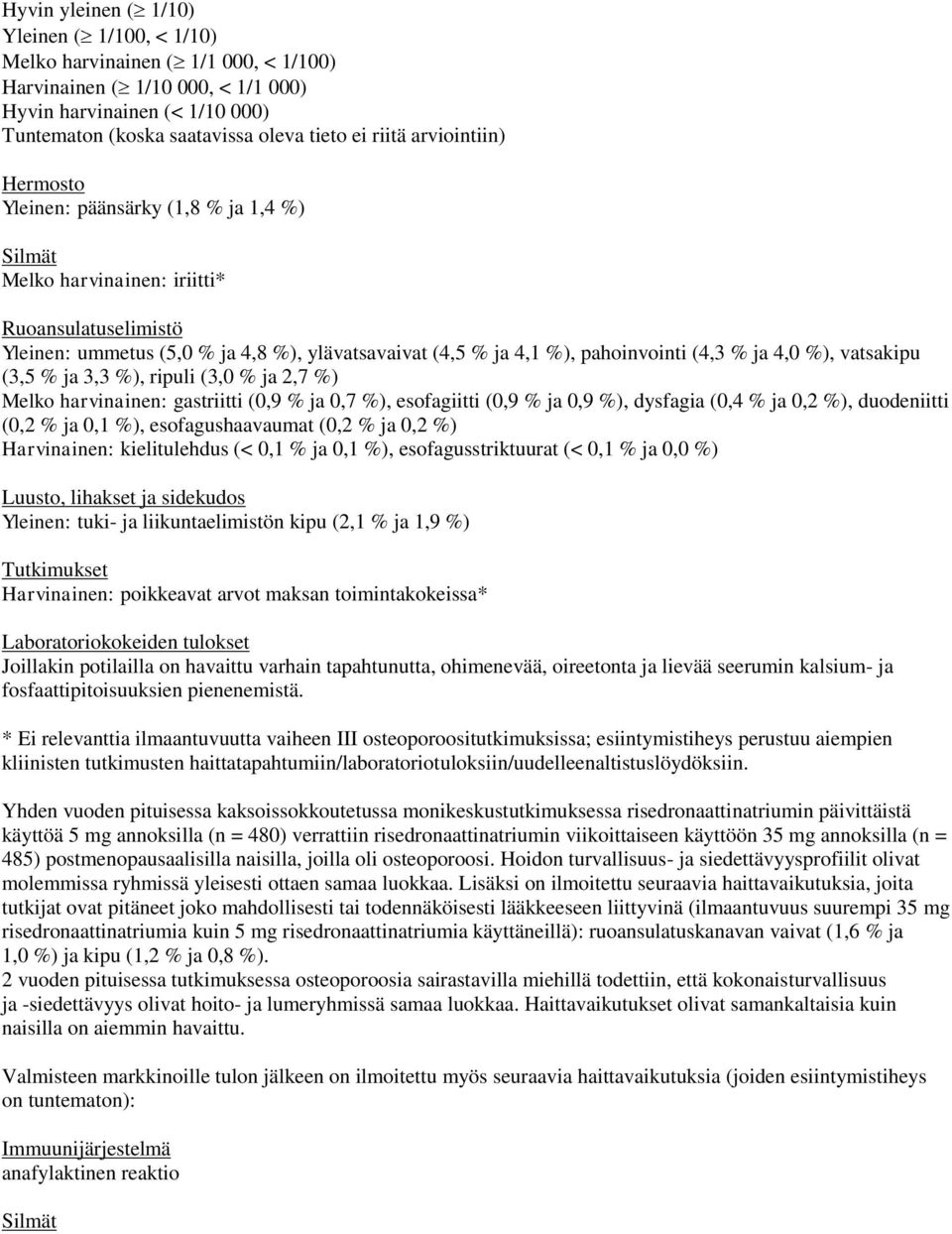 pahoinvointi (4,3 % ja 4,0 %), vatsakipu (3,5 % ja 3,3 %), ripuli (3,0 % ja 2,7 %) Melko harvinainen: gastriitti (0,9 % ja 0,7 %), esofagiitti (0,9 % ja 0,9 %), dysfagia (0,4 % ja 0,2 %), duodeniitti