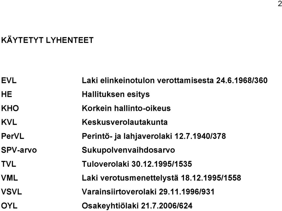 Perintö- ja lahjaverolaki 12.7.1940/378 SPV-arvo Sukupolvenvaihdosarvo TVL Tuloverolaki 30.12.1995/1535 VML Laki verotusmenettelystä 18.