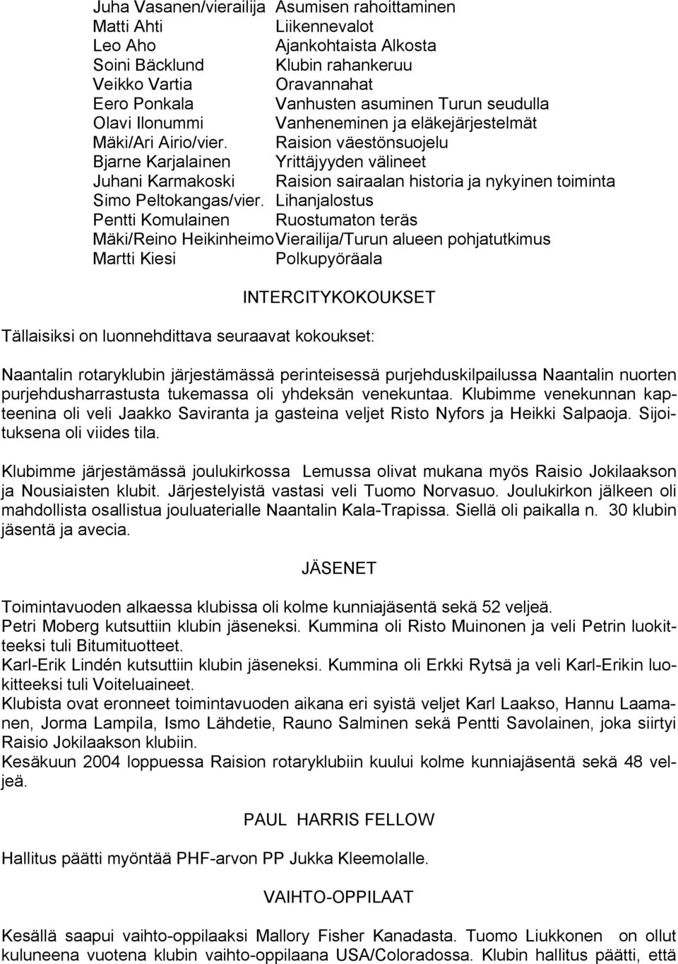 Raision väestönsuojelu Bjarne Karjalainen Yrittäjyyden välineet Juhani Karmakoski Raision sairaalan historia ja nykyinen toiminta Simo Peltokangas/vier.