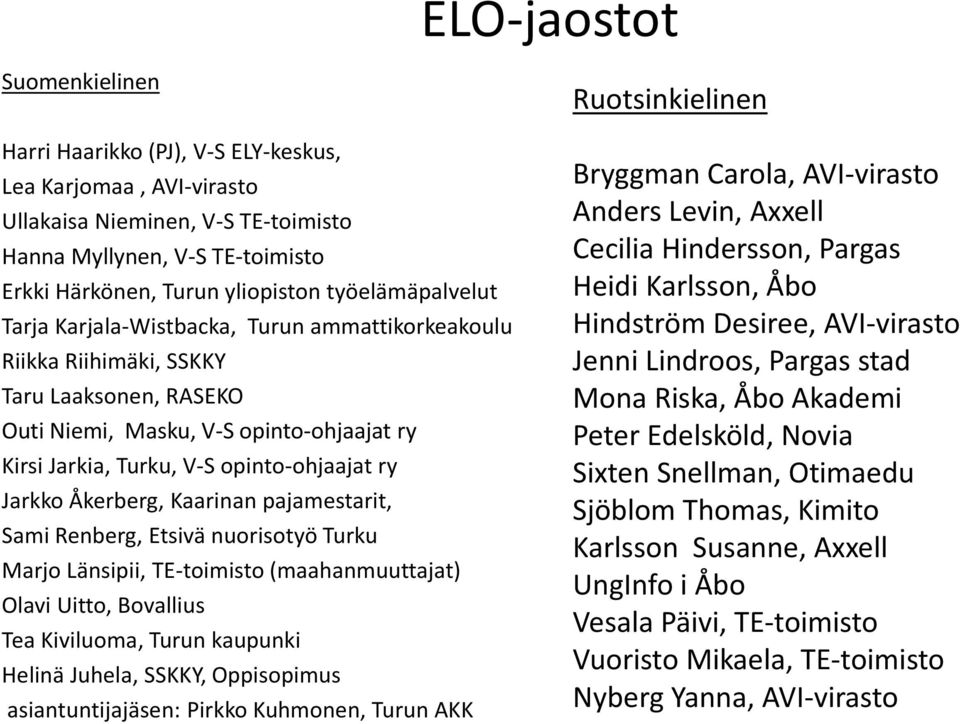 Jarkko Åkerberg, Kaarinan pajamestarit, Sami Renberg, Etsivä nuorisotyö Turku Marjo Länsipii, TE-toimisto (maahanmuuttajat) Olavi Uitto, Bovallius Tea Kiviluoma, Turun kaupunki Helinä Juhela, SSKKY,