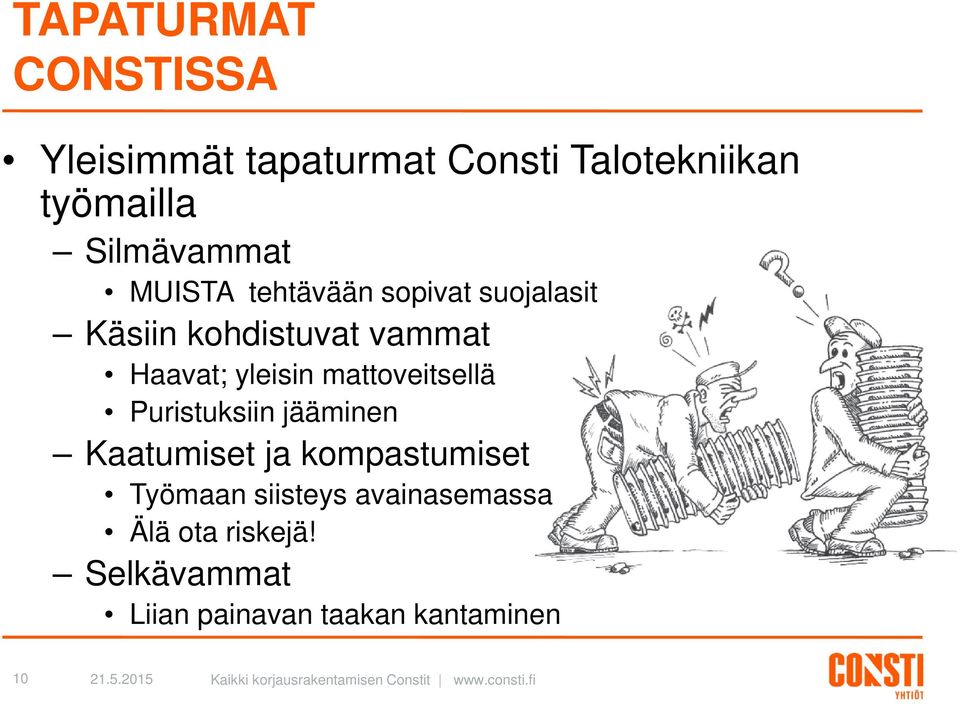 Haavat; yleisin mattoveitsellä Puristuksiin jääminen Kaatumiset ja kompastumiset