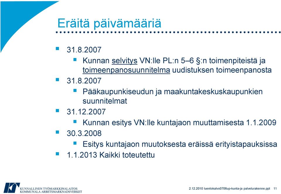 toimeenpanosta 31.8.2007 Pääkaupunkiseudun ja maakuntakeskuskaupunkien suunnitelmat 31.12.