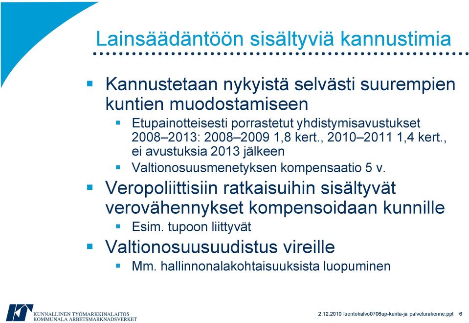 , ei avustuksia 2013 jälkeen Valtionosuusmenetyksen kompensaatio 5 v.