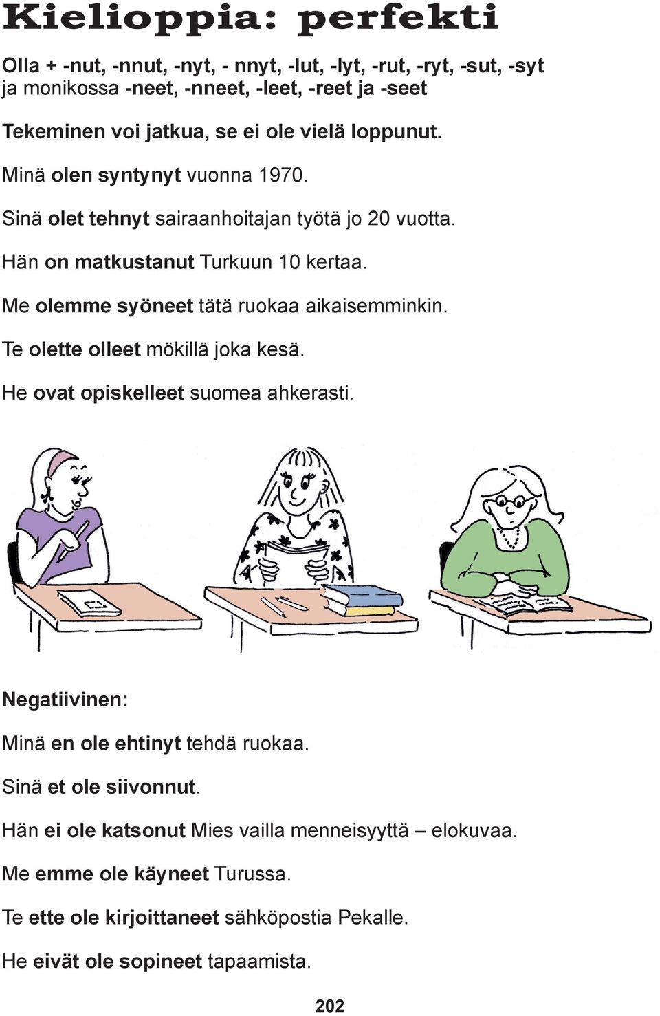 Me olemme syöneet tätä ruokaa aikaisemminkin. Te olette olleet mökillä joka kesä. He ovat opiskelleet suomea ahkerasti. Negatiivinen: Minä en ole ehtinyt tehdä ruokaa.