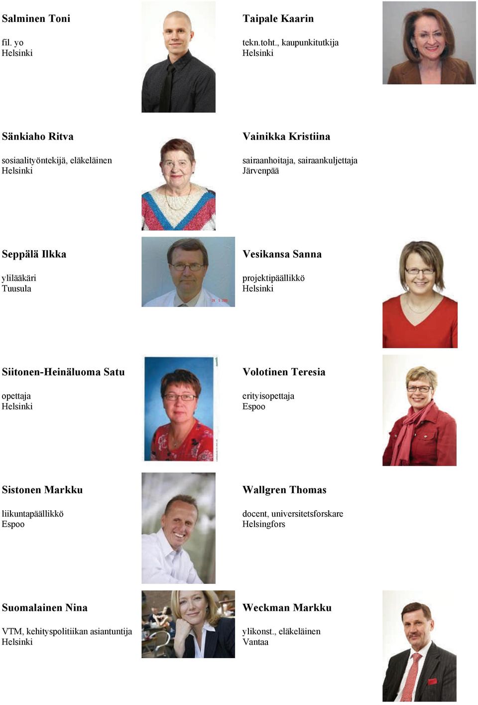 Järvenpää Seppälä Ilkka ylilääkäri Tuusula Vesikansa Sanna projektipäällikkö Siitonen-Heinäluoma Satu opettaja