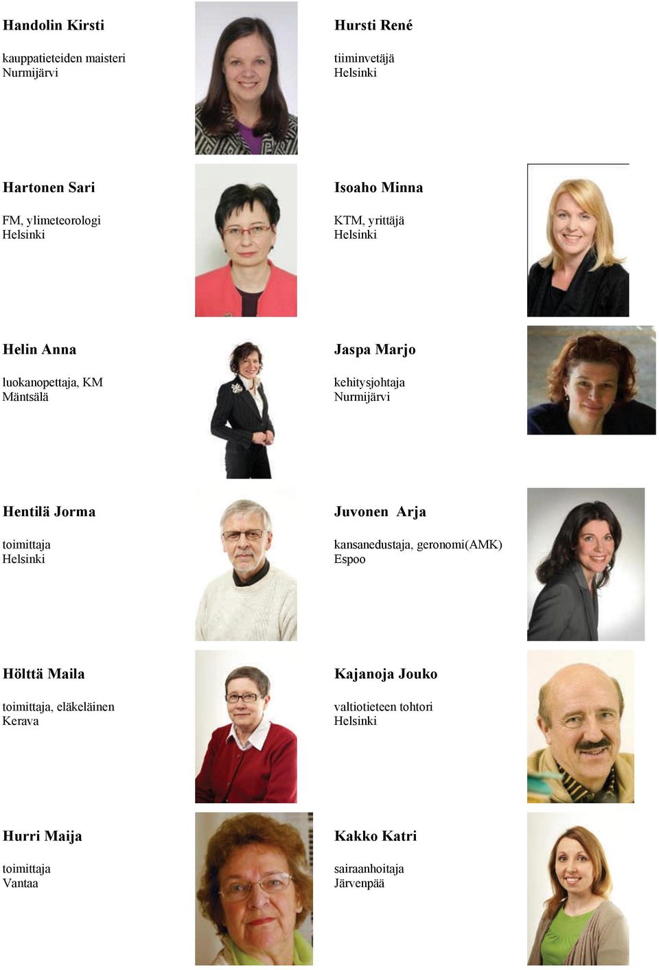 kehitysjohtaja Nurmijärvi Hentilä Jorma toimittaja Juvonen Arja kansanedustaja, geronomi(amk) Hölttä