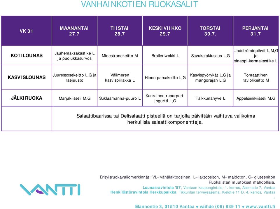 7 Jauhemaksakastike L ja puolukkasurvos Minestronekeitto M Broileriwokki L Savukalakiusaus