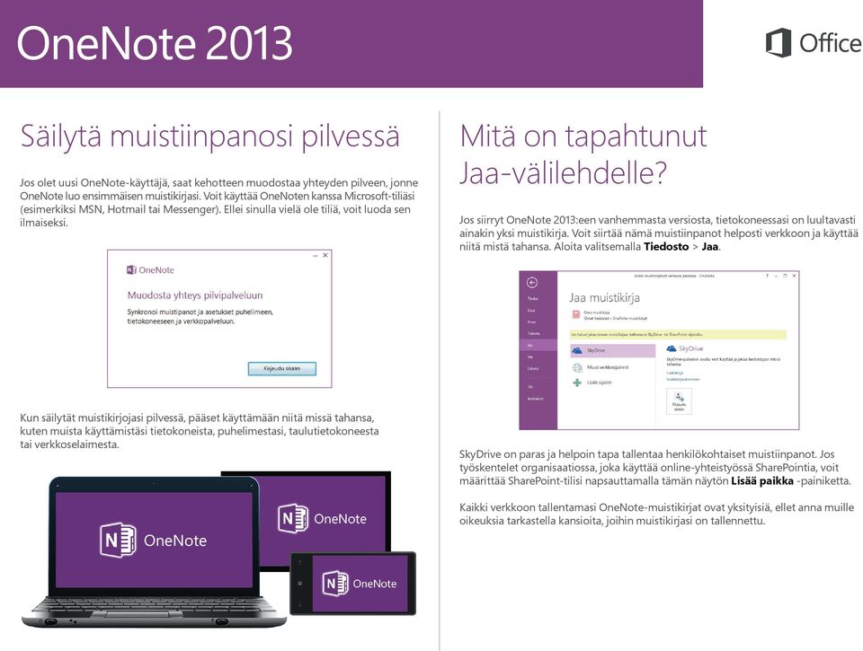 Jos siirryt OneNote 2013:een vanhemmasta versiosta, tietokoneessasi on luultavasti ainakin yksi muistikirja. Voit siirtää nämä muistiinpanot helposti verkkoon ja käyttää niitä mistä tahansa.