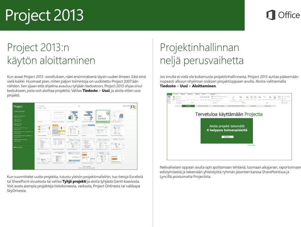 Valitse Tiedosto > Uusi, ja aloita sitten uusi projekti. Jos sinulla ei vielä ole kokemusta projektinhallinnasta, Project 2013 auttaa pääsemään nopeasti alkuun ohjelman sisäisen projektioppaan avulla.